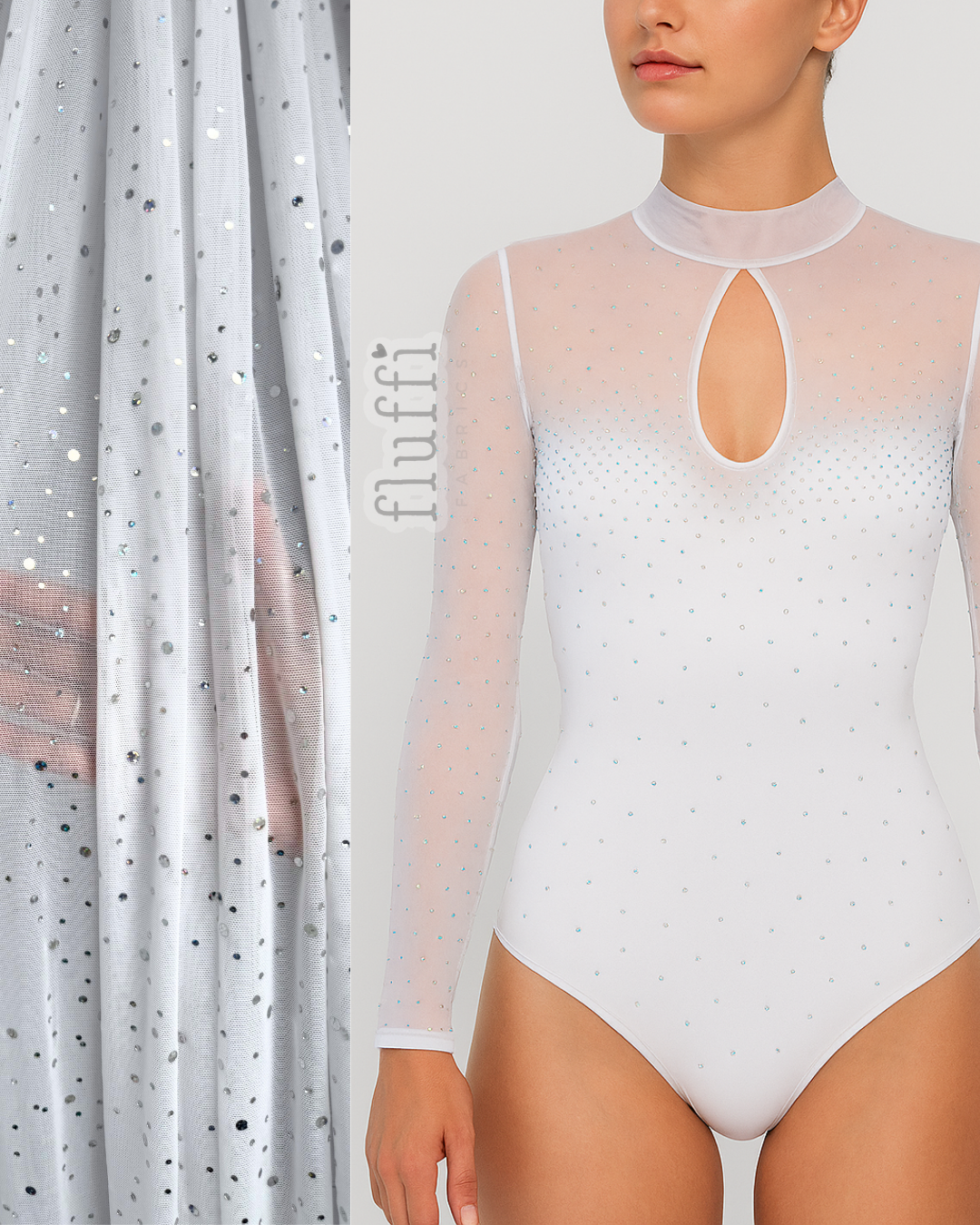 Power Mesh 4 Way Stretch Fabric- Holographic Silver Sequins Q1379 White