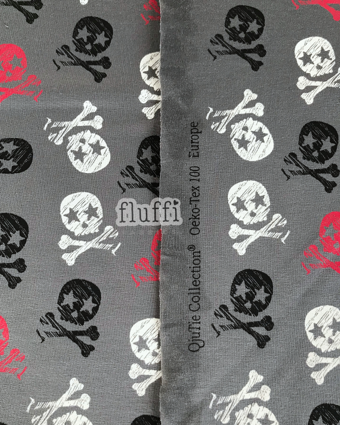 Organic Cotton Elastane Jersey 4 Way Stretch Fabric - Prints Skulls Grey SQ780