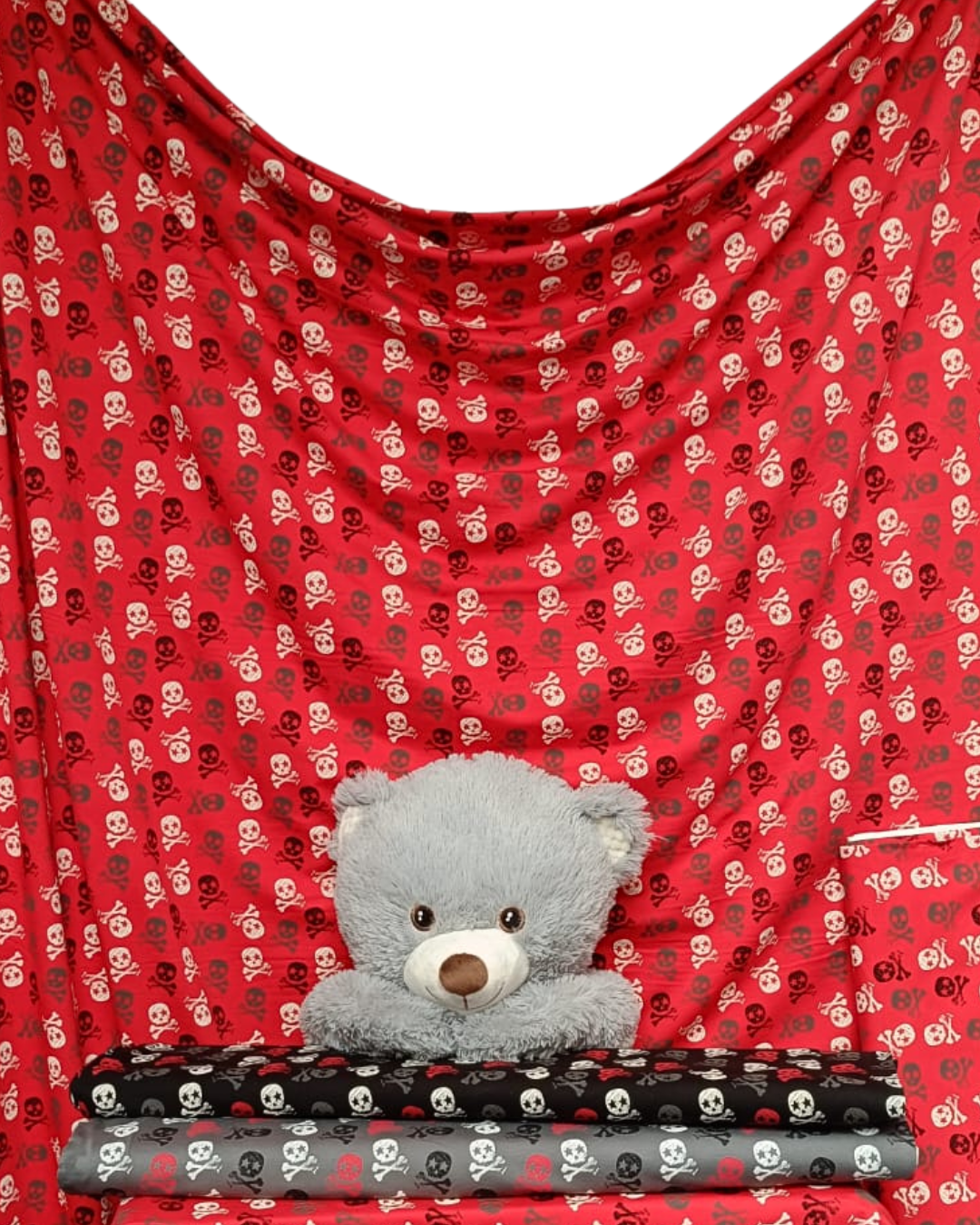 Organic Cotton Elastane Jersey 4 Way Stretch Fabric - Prints Skulls Red SQ780