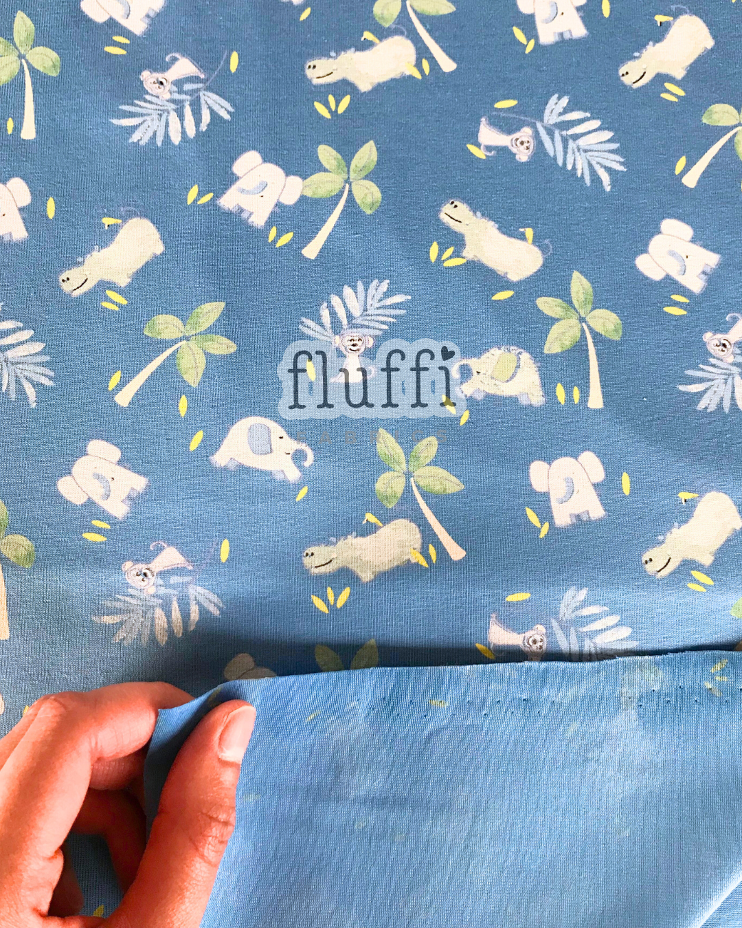 Organic Cotton Elastane Jersey 4 Way Stretch Fabric - Prints Animal Wildlife Blue SQ773