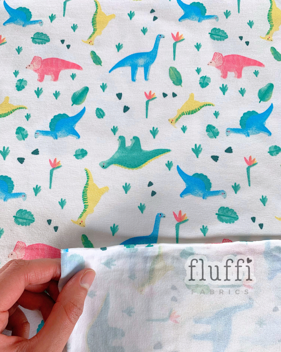 Organic Cotton Elastane Jersey 4 Way Stretch Fabric - Prints Baby Dinosaurs SQ778
