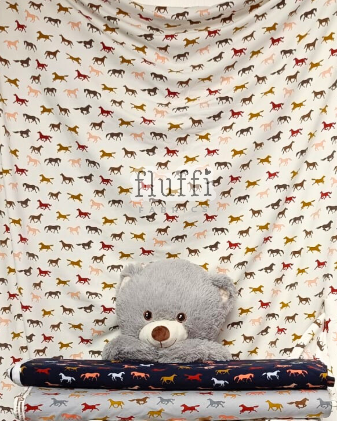 Organic Cotton Elastane Jersey 4 Way Stretch Fabric - Prints Horses Multi Ivory SQ769