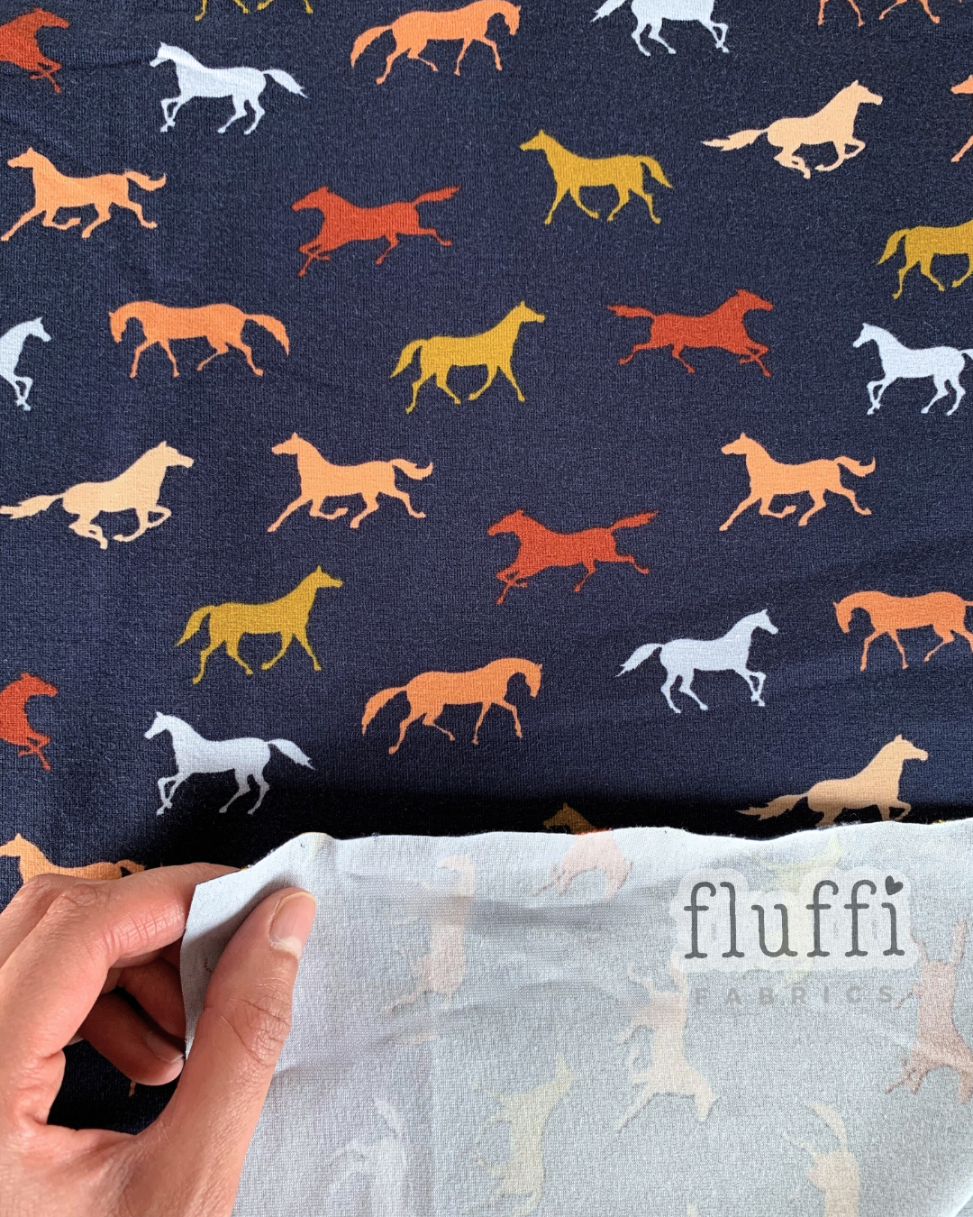 Organic Cotton Elastane Jersey 4 Way Stretch Fabric - Prints Horses Multi Navy SQ769