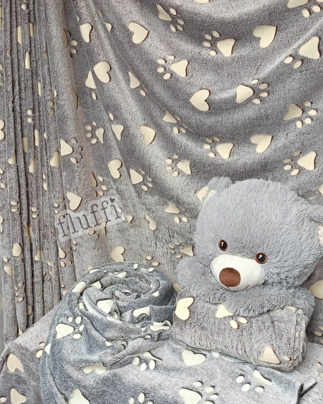 Cuddle Plush Glow In The Dark Ultra Soft Fleece Fabric- Love Paws SQ762 Grey