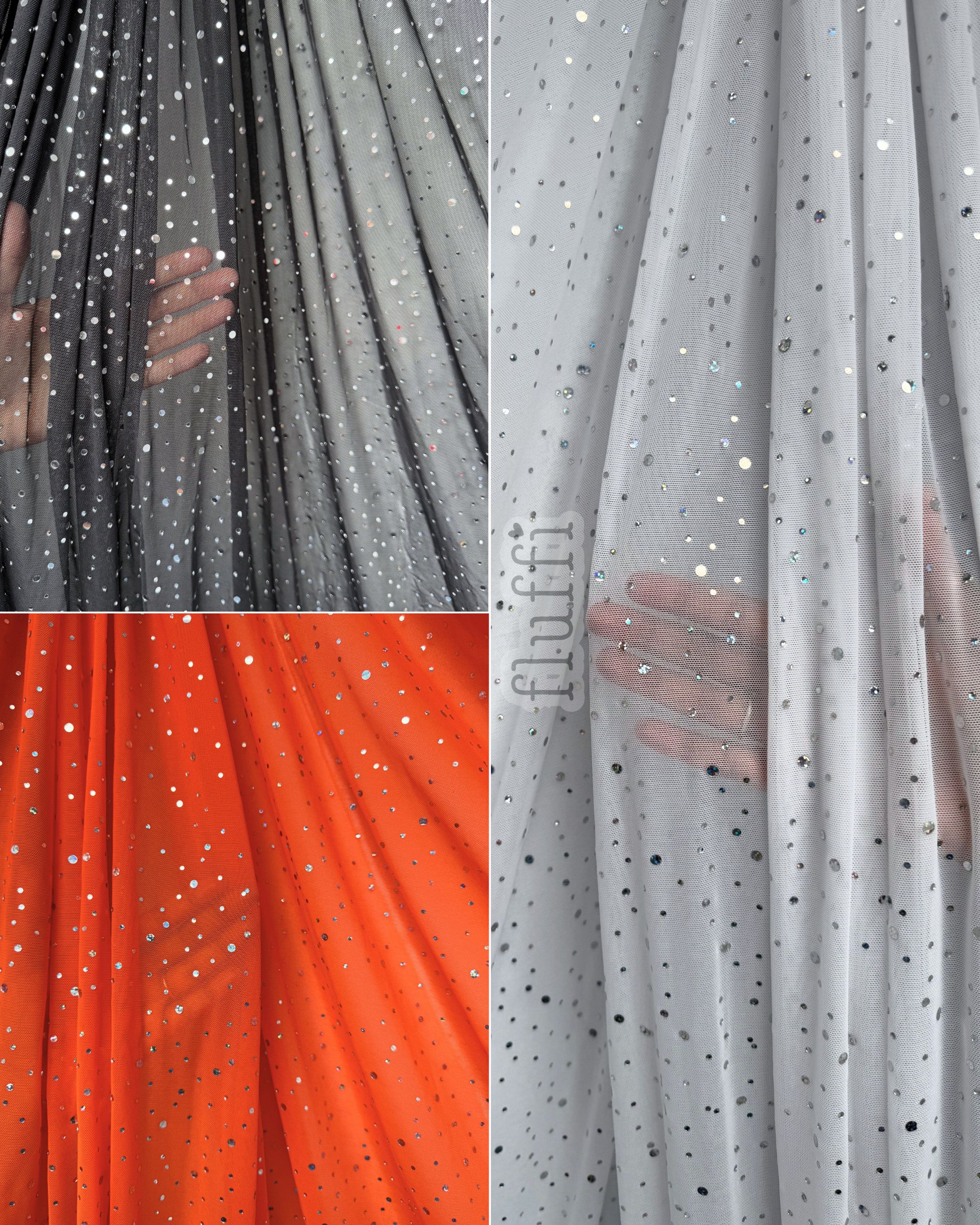 Power Mesh 4 Way Stretch Fabric- Holographic Silver Sequins Q1379 Black