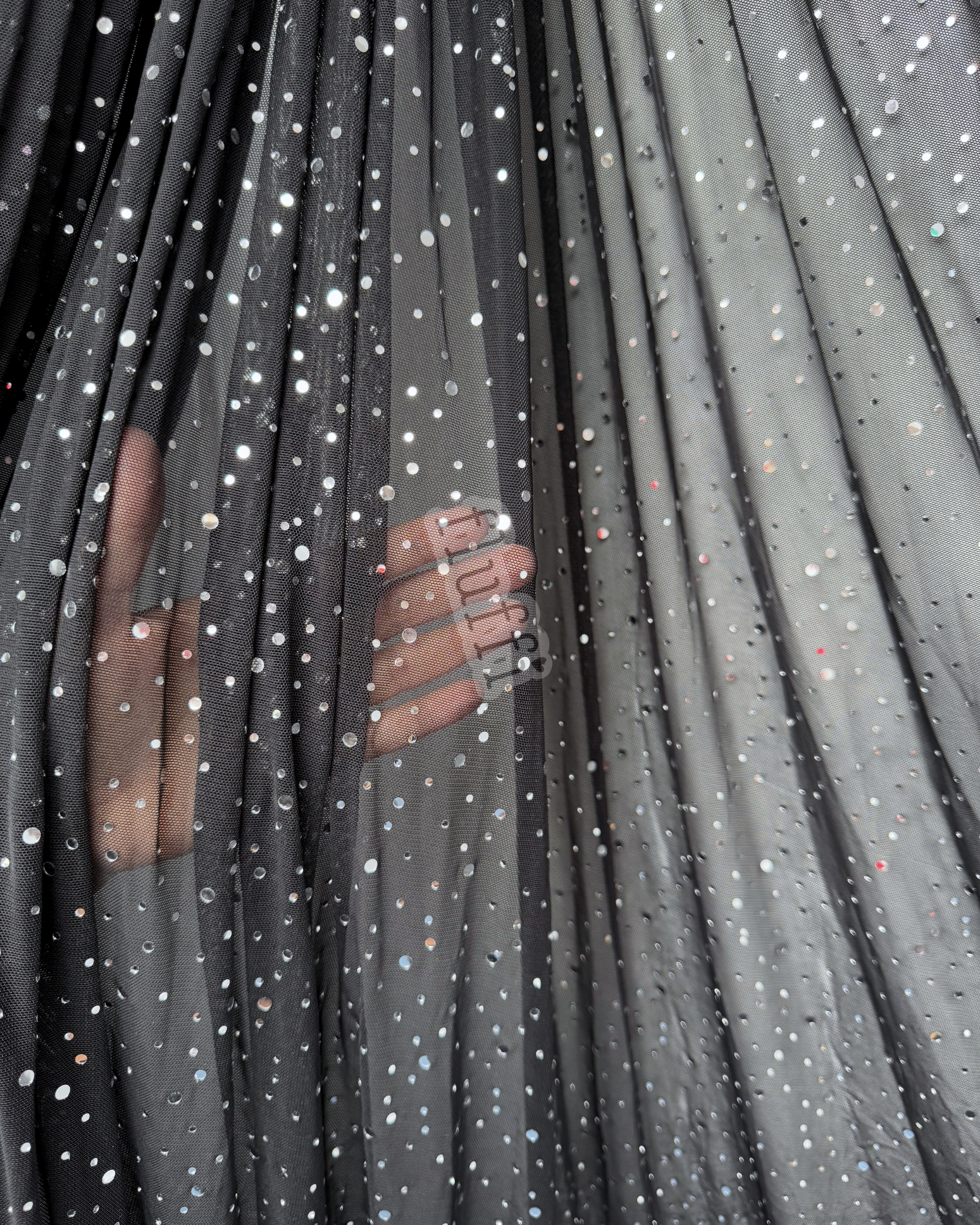 Power Mesh 4 Way Stretch Fabric- Holographic Silver Sequins Q1379 Black