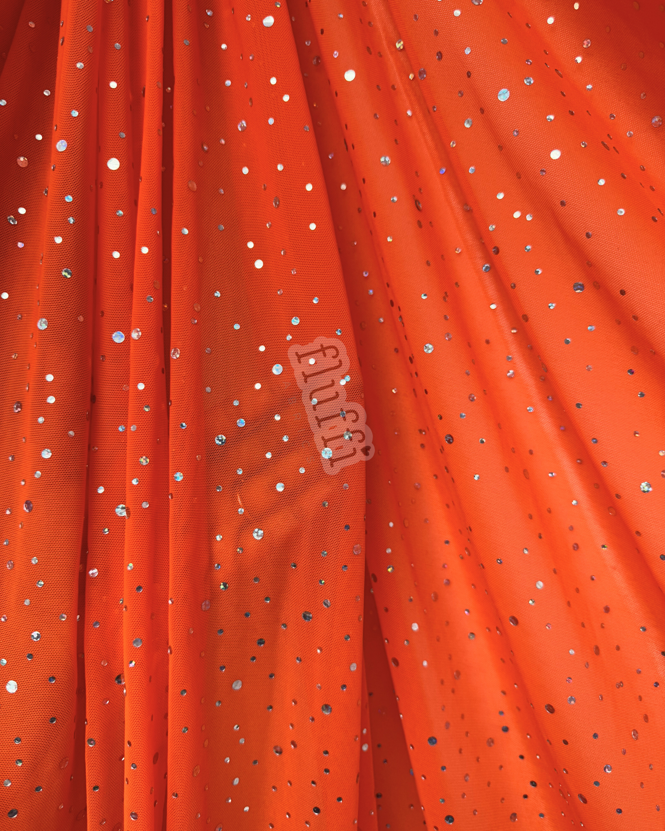 Power Mesh 4 Way Stretch Fabric- Holographic Silver Sequins Q1379 Orange