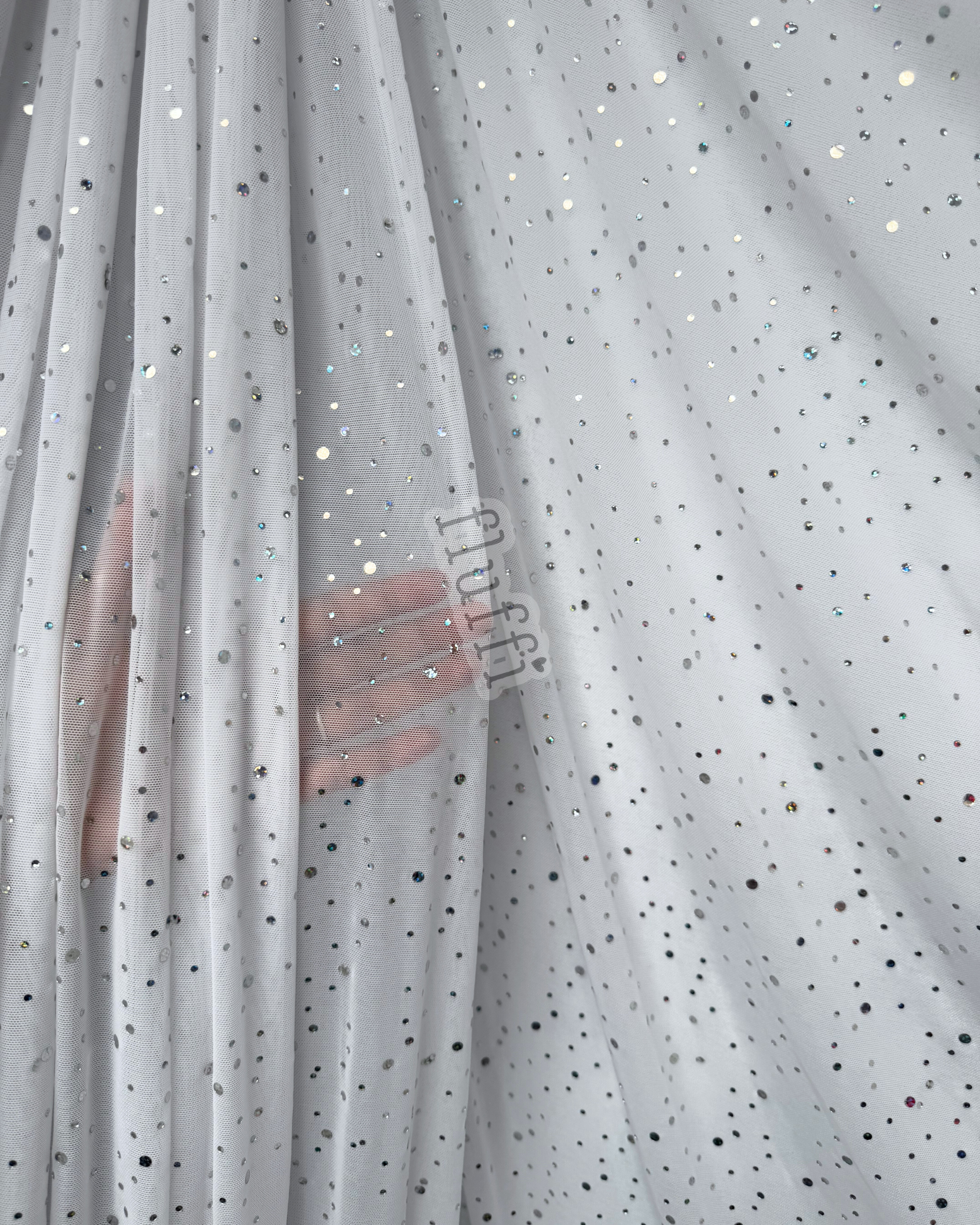 Power Mesh 4 Way Stretch Fabric- Holographic Silver Sequins Q1379 Orange