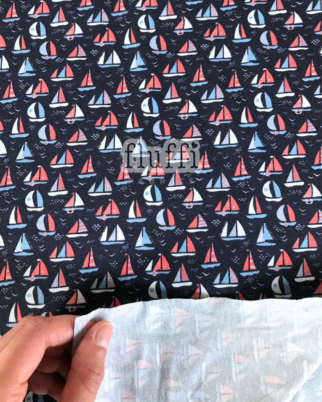 Organic Cotton Elastane Jersey 4 Way Stretch Fabric - Prints Sailing Boats SQ776