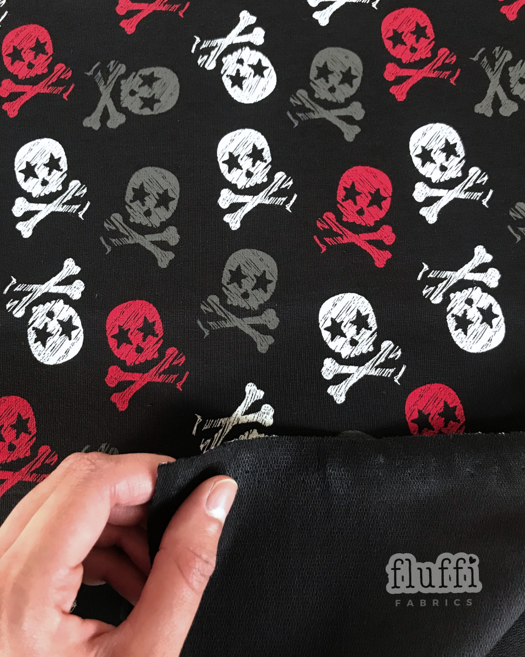 Organic Cotton Elastane Jersey 4 Way Stretch Fabric - Prints Skulls Black SQ780