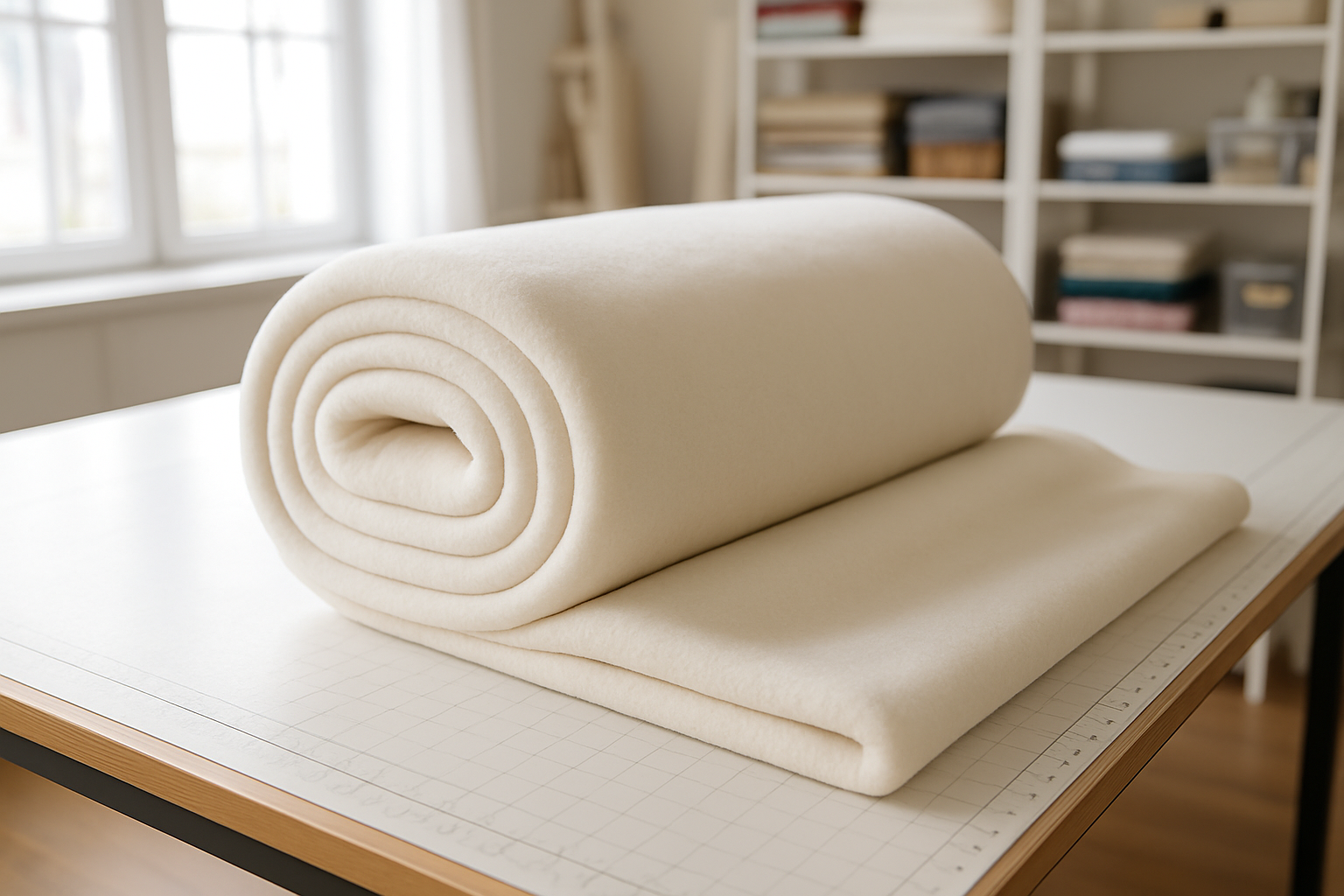 A large roll of soft fleece fabric in a single continuous piece, neatly folded on a cutting table. The fabric should look smooth, thick, and uncut, showing a clean edge with no divisions. Bright, natural lighting in a sewing studio setting, showcasing the fabric before cutting.