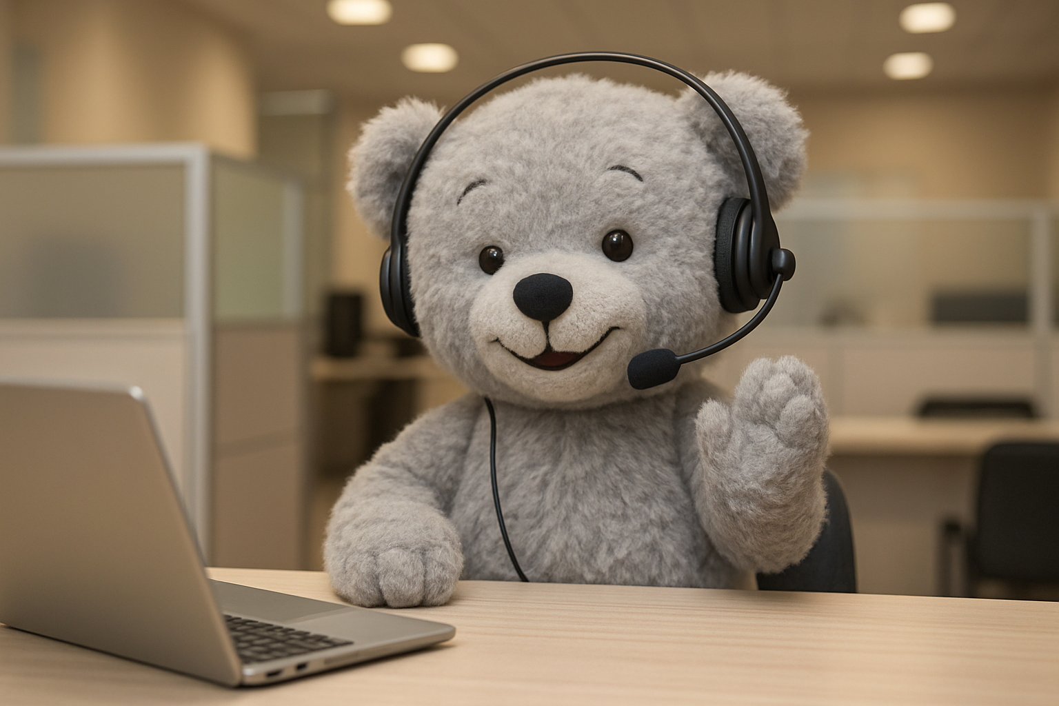 grey color teady bear providing a customer care support using headphone with smiley face.