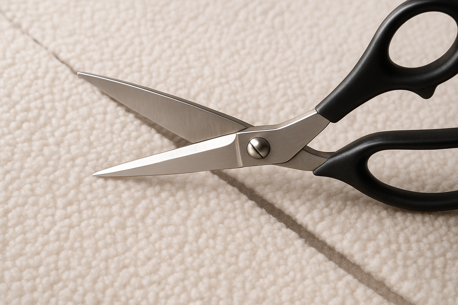 Generate a image with Scissors cutting a straight line Fleece fabrics